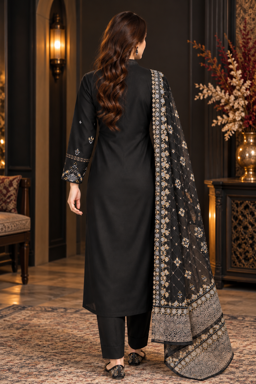 Pakistani Women's Casual Wear 3 pc Suit Linen Black | 1500 | Designer Rack