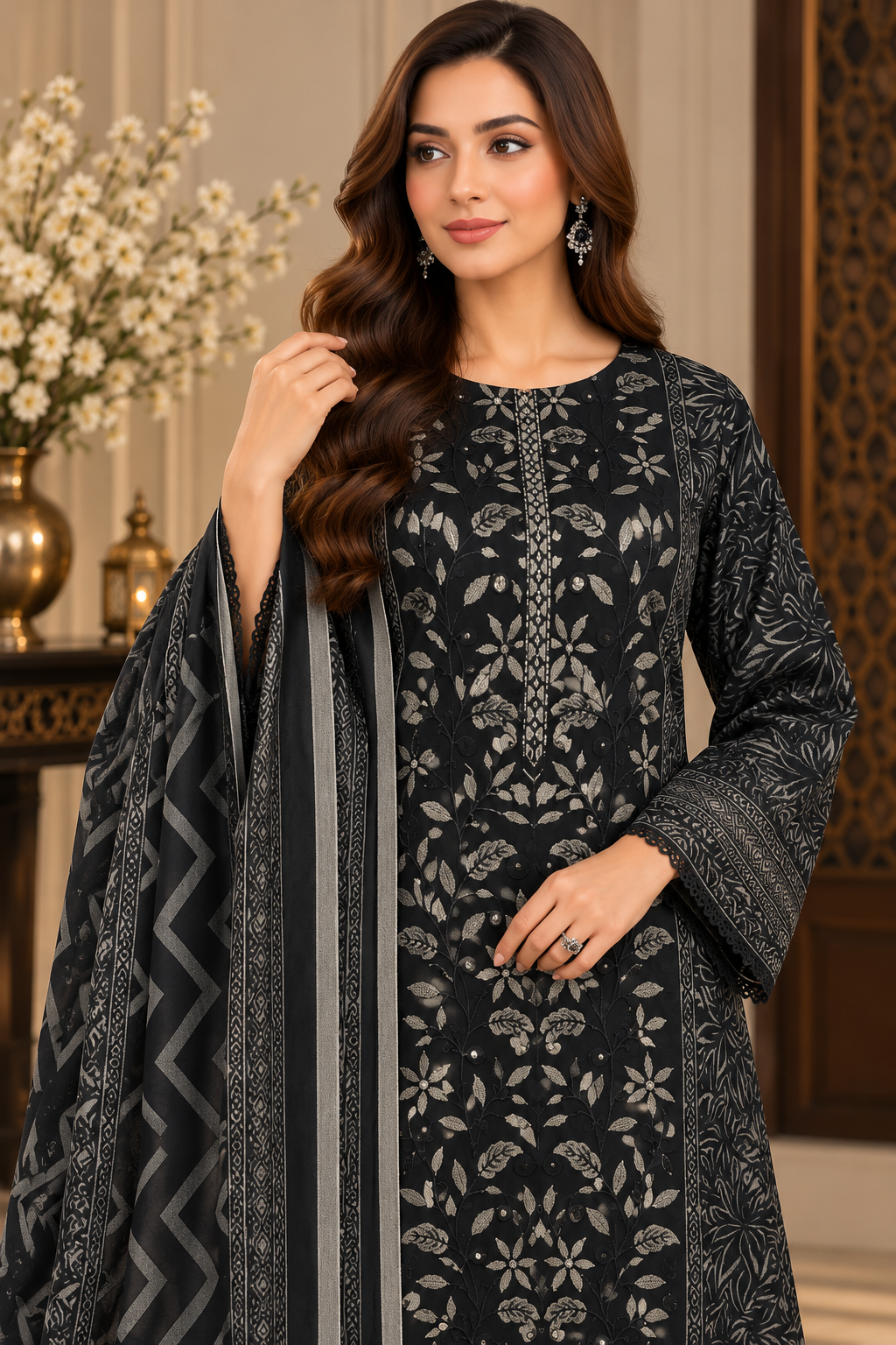 Pakistani Women’s Casual Winter Wear 3-Piece Embroidered  Suit – Dhanak, Black | 1505 | Designer Rack