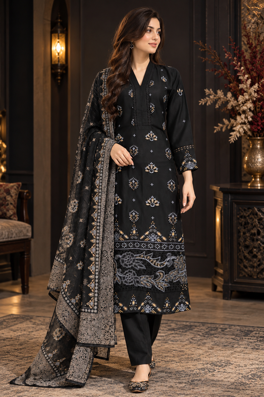Pakistani Women's Casual Wear 3 pc Suit Linen Black | 1500 | Designer Rack