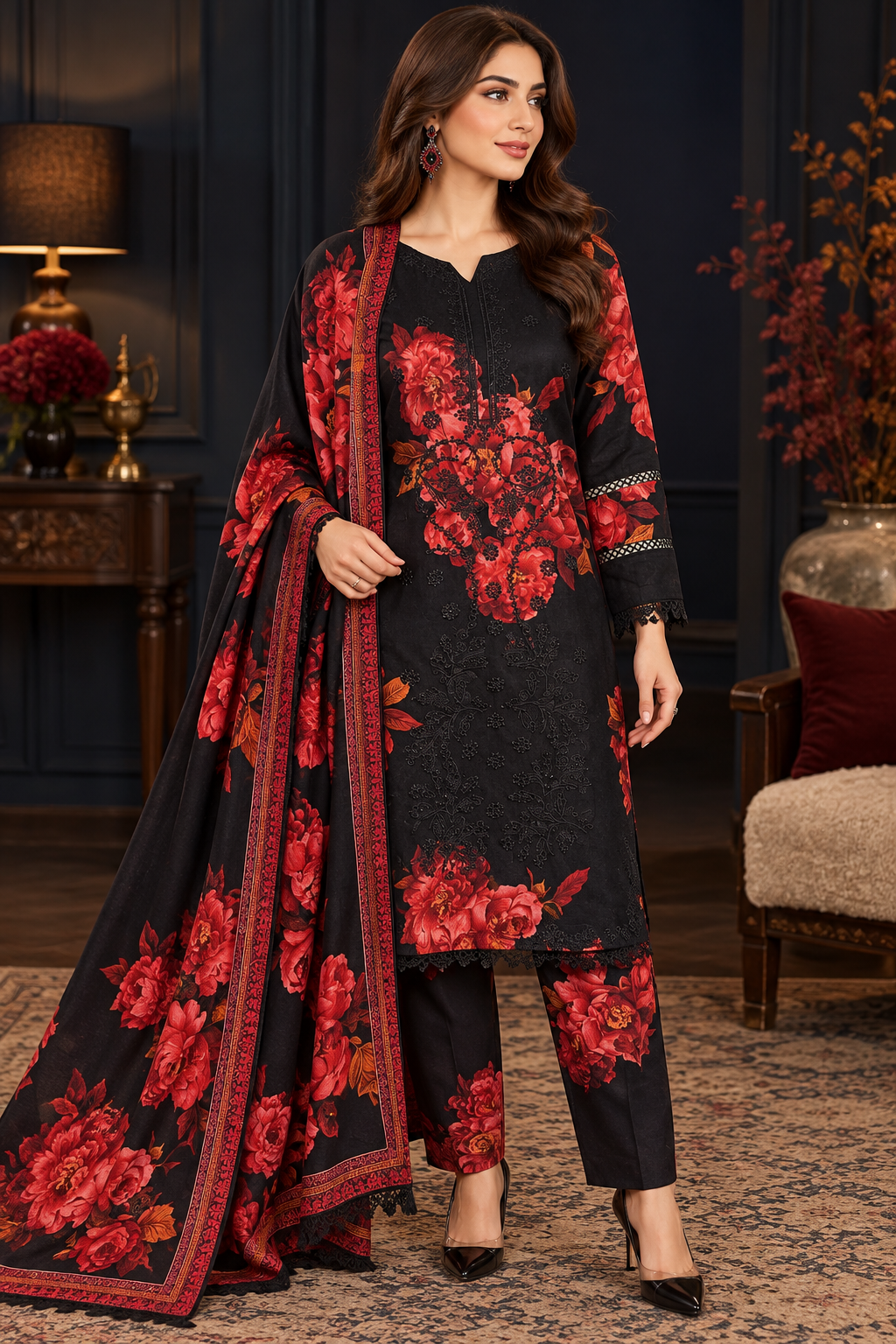 Pakistani Women's Casual Wear 3 pc Printed Embroided Black & Red Printed Suit | 1502 | Designer Rack