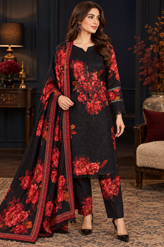 Pakistani Women's Casual Wear 3 pc Printed Embroided Black & Red Printed Suit | 1502 | Designer Rack