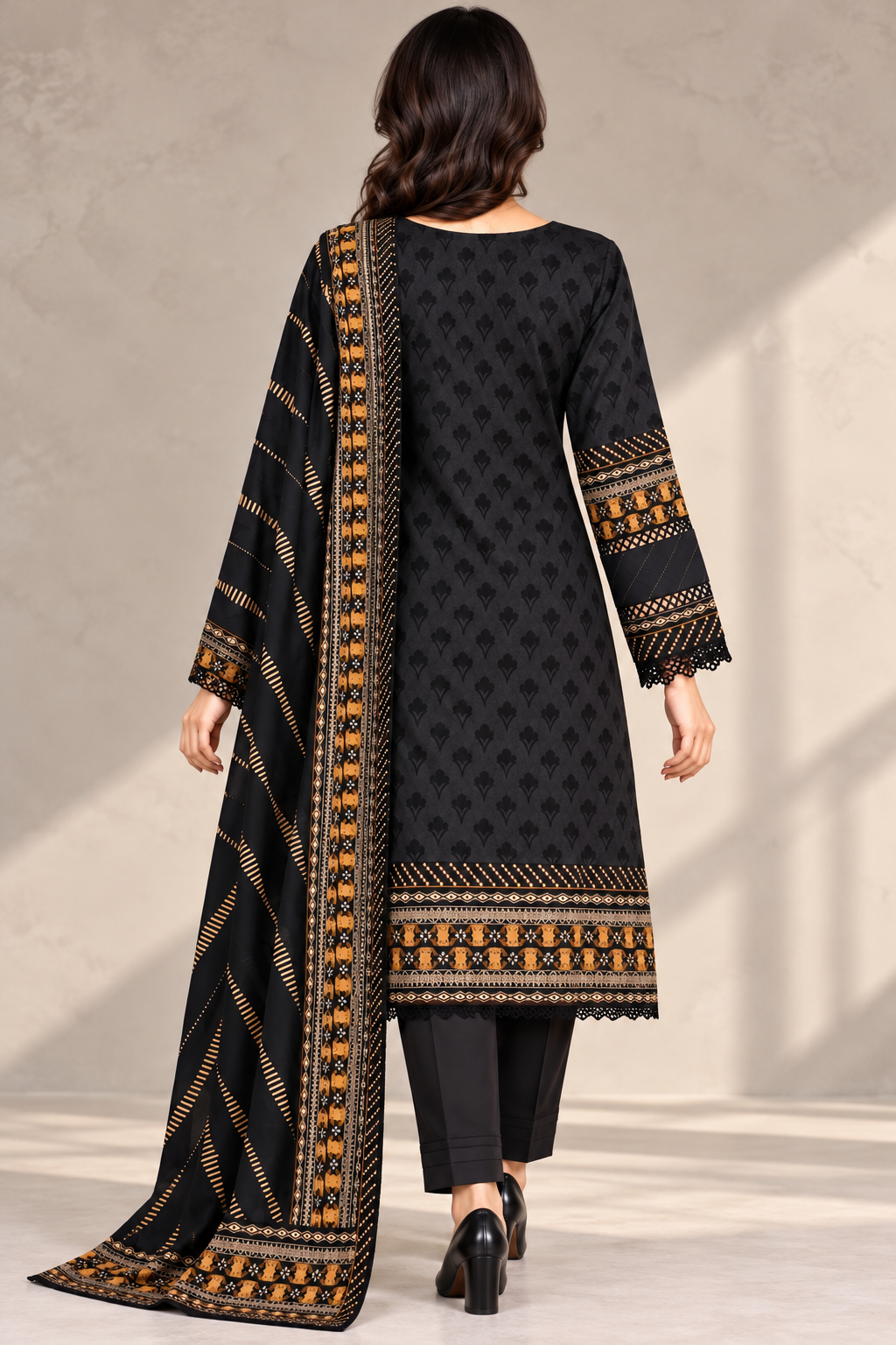 Pakistani Women’s Casual Winter Wear 3-Piece Embroidered  Suit – Dhanak, Black | 1506| Designer Rack