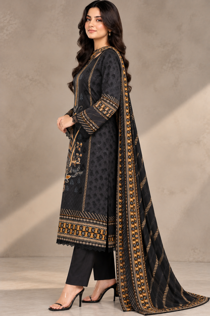 Pakistani Women’s Casual Winter Wear 3-Piece Embroidered  Suit – Dhanak, Black | 1506| Designer Rack