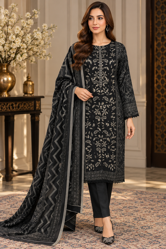 Pakistani Women’s Casual Winter Wear 3-Piece Embroidered  Suit – Dhanak, Black | 1505 | Designer Rack