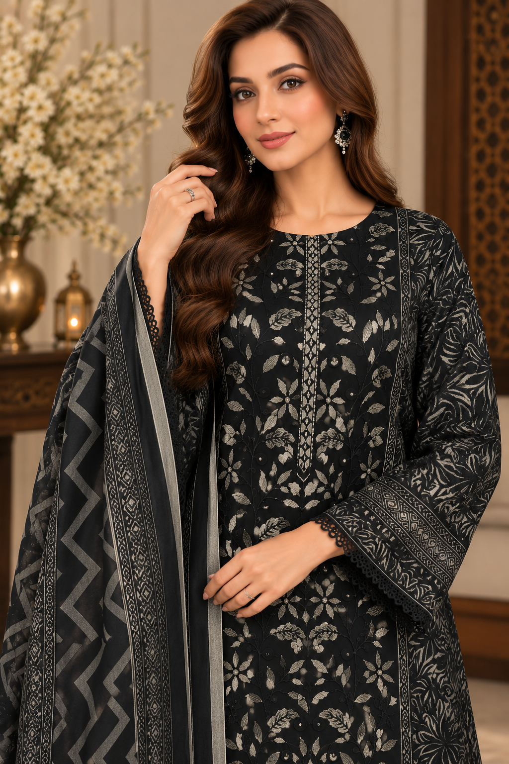 Pakistani Women’s Casual Winter Wear 3-Piece Embroidered  Suit – Dhanak, Black | 1505 | Designer Rack