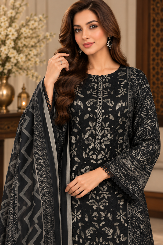 Pakistani Women’s Casual Winter Wear 3-Piece Embroidered  Suit – Dhanak, Black | 1505 | Designer Rack