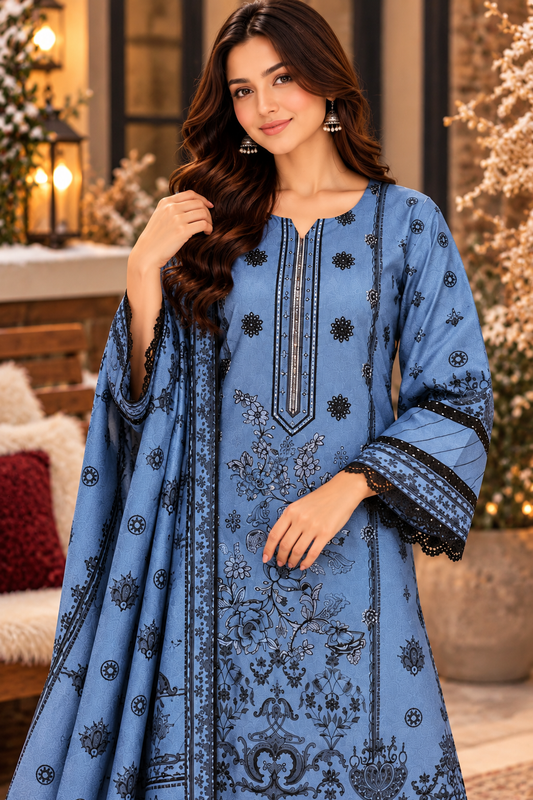 Pakistani Women’s Casual Winter Wear 3-Piece Embroidered  Suit – Dhanak, Elegant Blue | 1506| Designer Rack