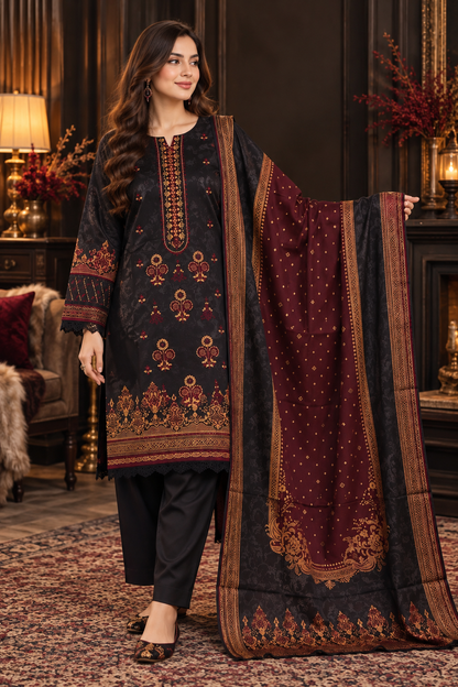 Pakistani Women's Casual Wear 3 pc Printed Embroided Black  Suit | 1502 | Designer Rack