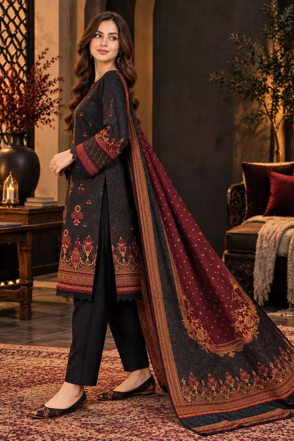 Pakistani Women's Casual Wear 3 pc Printed Embroided Black  Suit | 1502 | Designer Rack