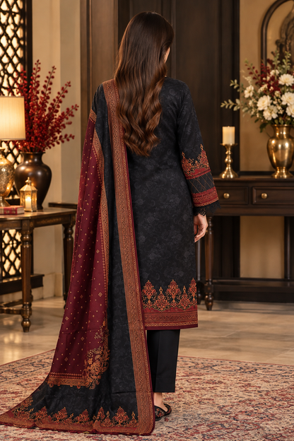 Pakistani Women's Casual Wear 3 pc Printed Embroided Black  Suit | 1502 | Designer Rack