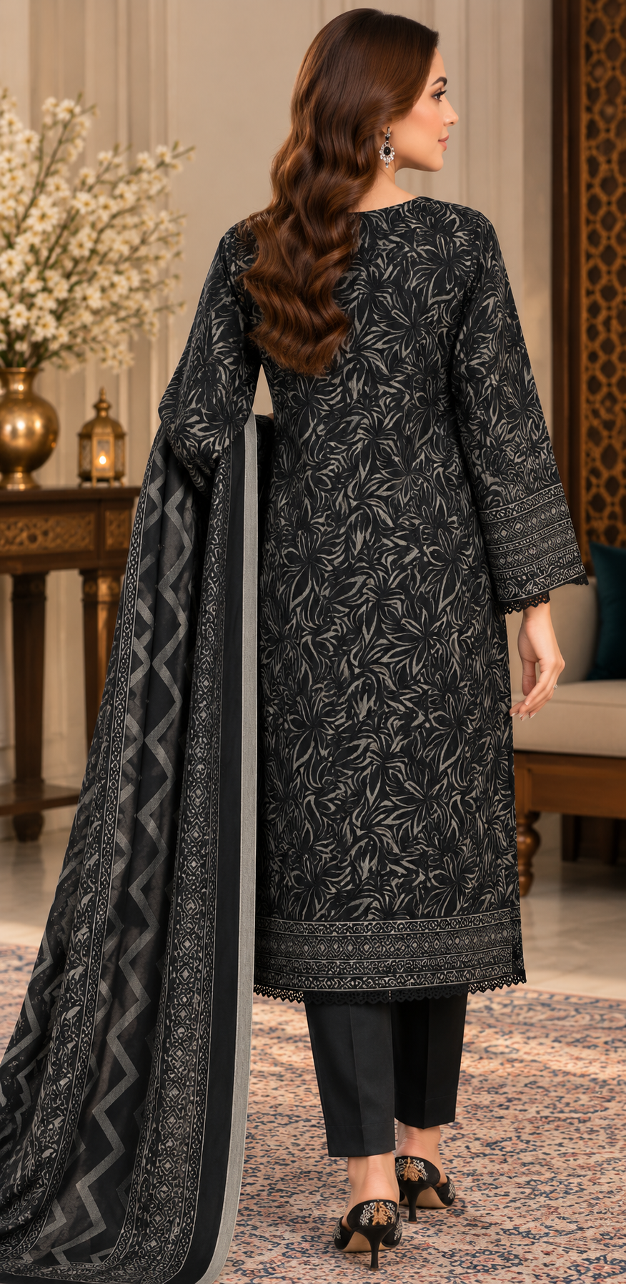 Pakistani Women’s Casual Winter Wear 3-Piece Embroidered  Suit – Dhanak, Black | 1505 | Designer Rack
