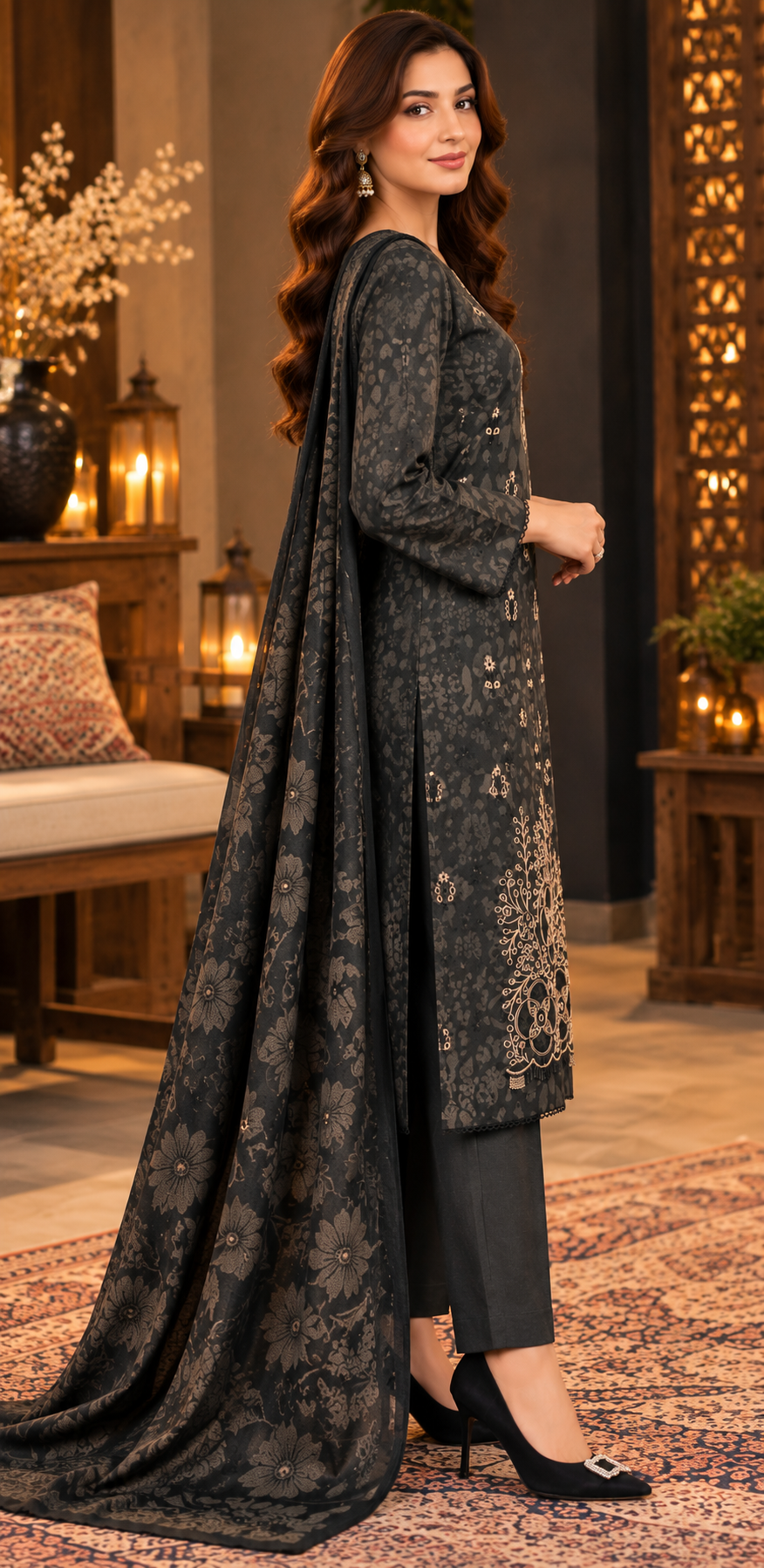 Pakistani Women’s Casual Winter Wear 3-Piece Embroidered  Suit – Dhanak, Gray | 1505 | Designer Rack