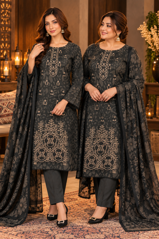 Pakistani Women’s Casual Winter Wear 3-Piece Embroidered  Suit – Dhanak, Gray | 1505 | Designer Rack