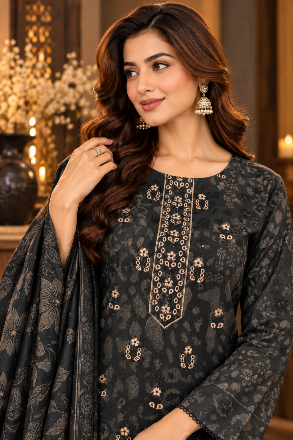 Pakistani Women’s Casual Winter Wear 3-Piece Embroidered  Suit – Dhanak, Gray | 1505 | Designer Rack