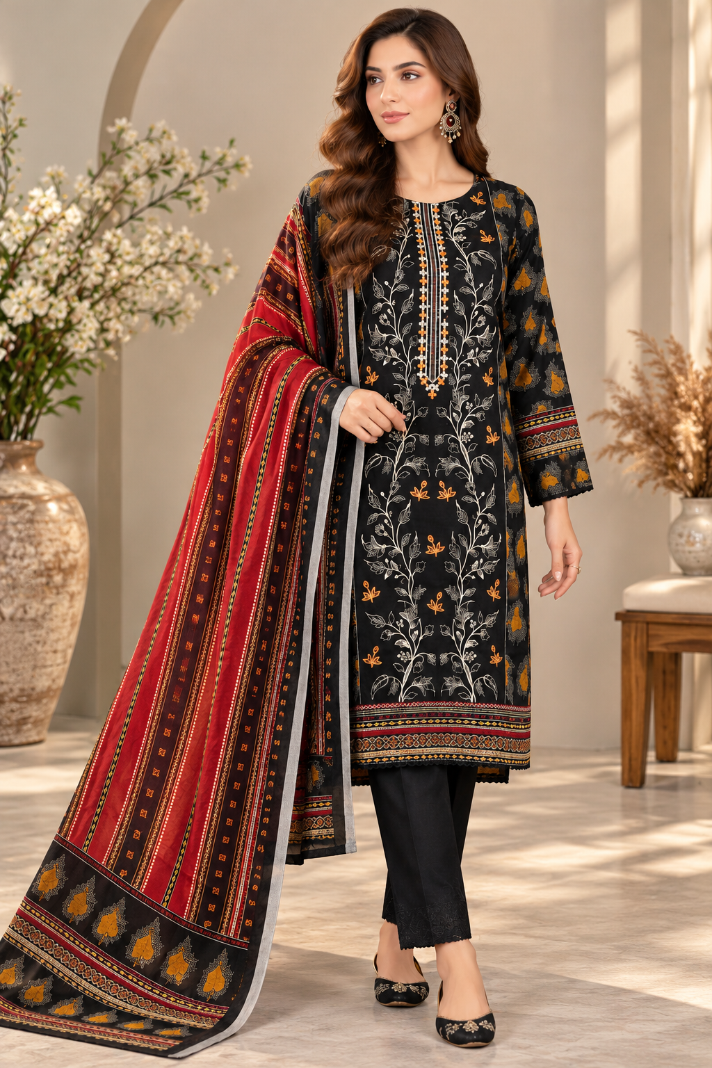 Pakistani Women’s Casual Winter Wear 3-Piece Embroidered  Suit – Dhanak, Black | 1505 | Designer Rack