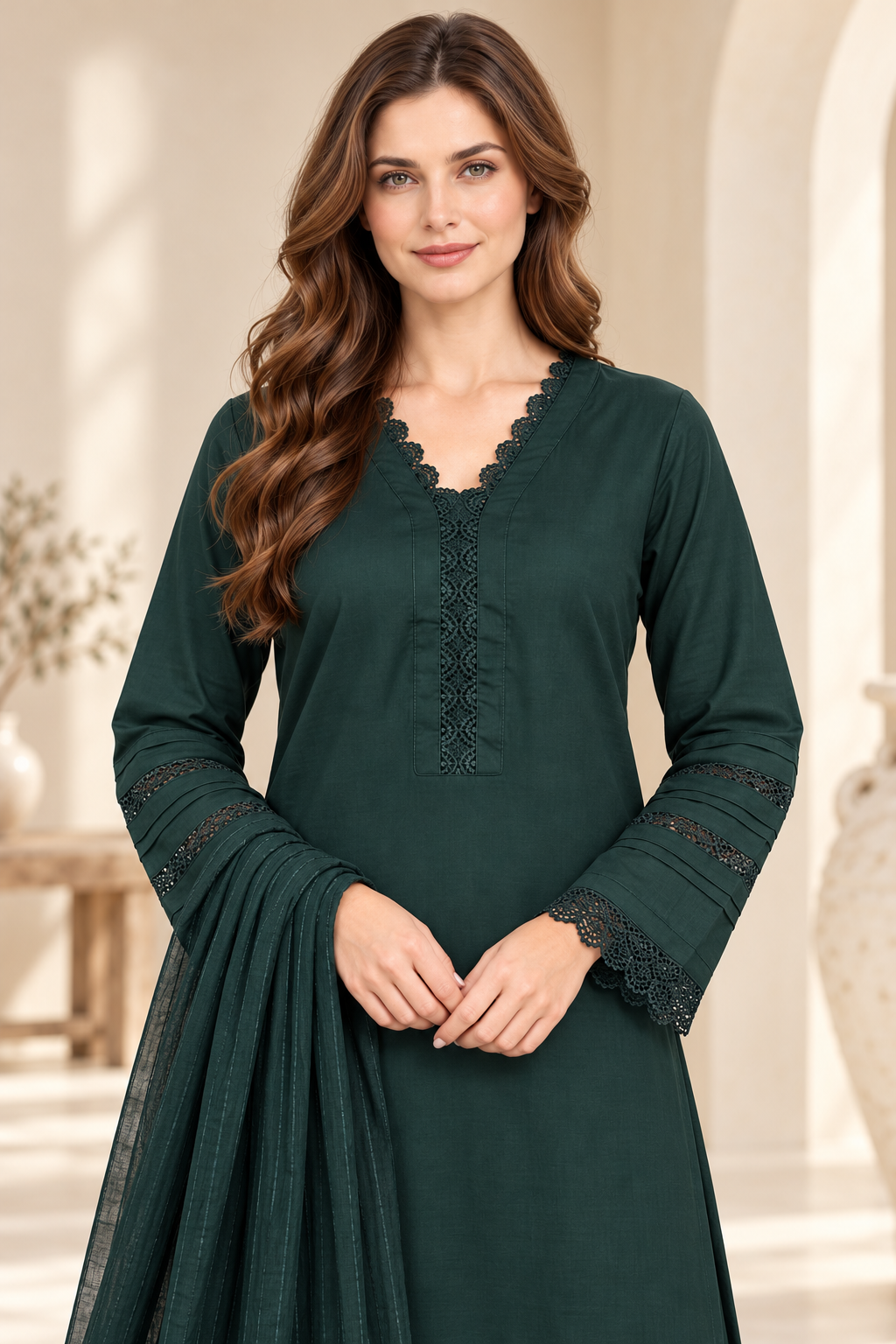 Pakistani Women's Casual Wear 3-Piece Suit - Linen, Green | 1504 | Designer Rack