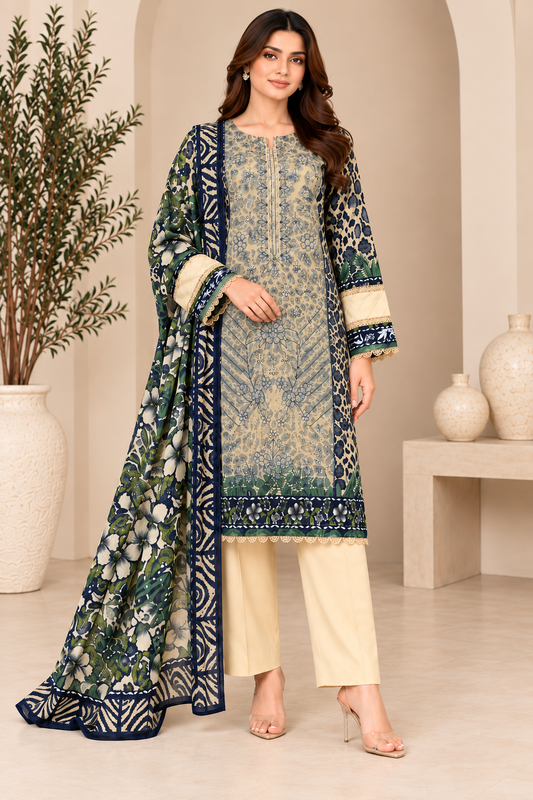 Pakistani Women's Casual Wear 3 pc Printed Embroided Cream Suit | 1502 | Designer Rack