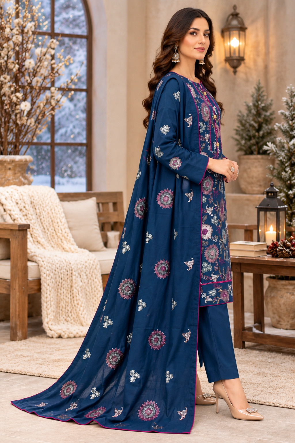 Pakistani Women’s Casual Winter Wear 3 Pc Embroidered  Suit – Dhanak, Teal | 1478 | Designer Rack