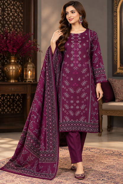 Pakistani Women’s Casual Winter Wear 3-Piece Embroidered  Suit – Dhanak, Plum | 1505 | Designer Rack