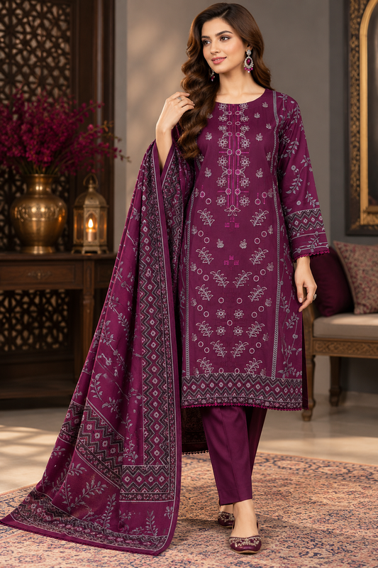 Pakistani Women’s Casual Winter Wear 3-Piece Embroidered  Suit – Dhanak, Plum | 1505 | Designer Rack