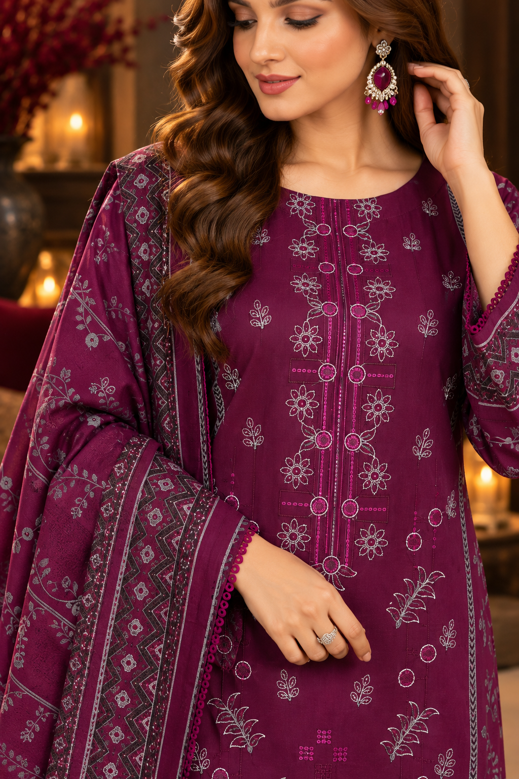 Pakistani Women’s Casual Winter Wear 3-Piece Embroidered  Suit – Dhanak, Plum | 1505 | Designer Rack