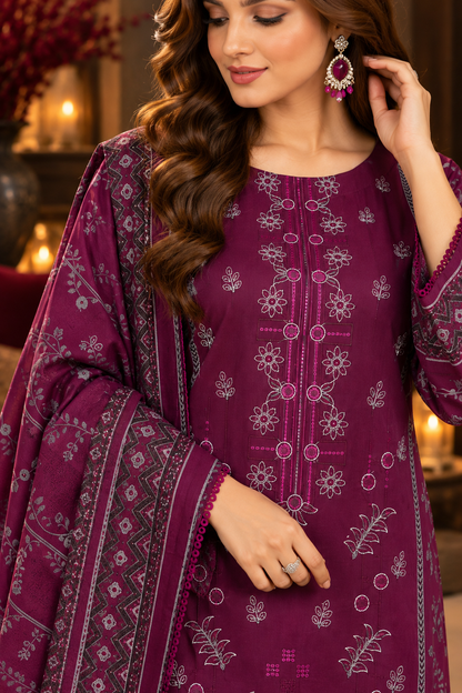 Pakistani Women’s Casual Winter Wear 3-Piece Embroidered  Suit – Dhanak, Plum | 1505 | Designer Rack