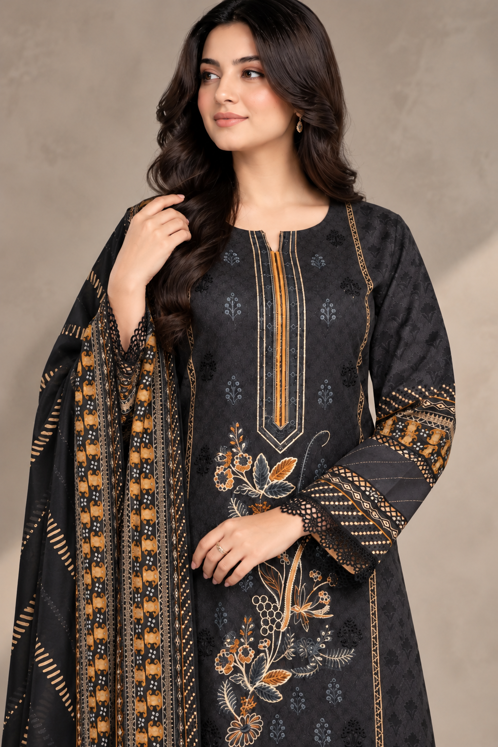 Pakistani Women’s Casual Winter Wear 3-Piece Embroidered  Suit – Dhanak, Black | 1506| Designer Rack