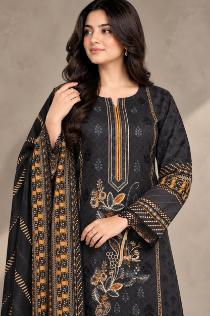 Pakistani Women’s Casual Winter Wear 3-Piece Embroidered  Suit – Dhanak, Black | 1506| Designer Rack