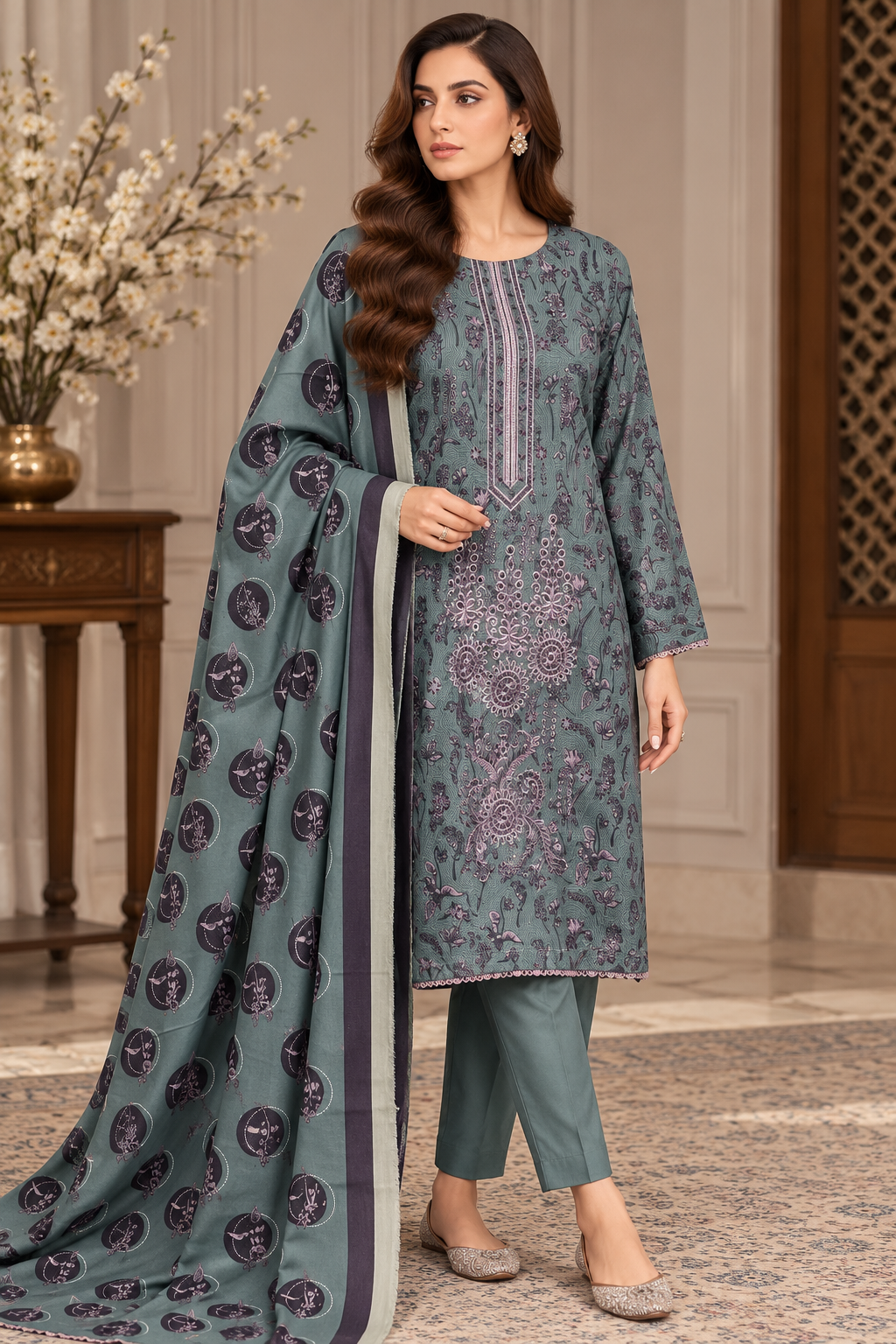 Pakistani Women’s Casual Winter Wear 3-Piece Embroidered  Suit – Dhanak, Mint | 1505 | Designer Rack