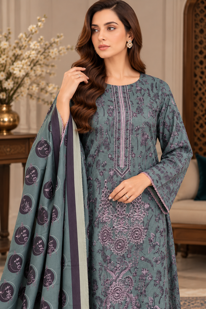 Pakistani Women’s Casual Winter Wear 3-Piece Embroidered  Suit – Dhanak, Mint | 1505 | Designer Rack