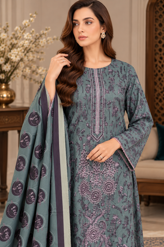 Pakistani Women’s Casual Winter Wear 3-Piece Embroidered  Suit – Dhanak, Mint | 1505 | Designer Rack