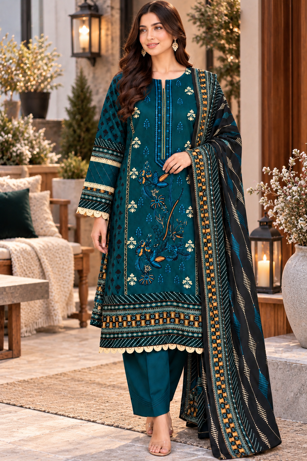 Pakistani Women’s Casual Winter Wear 3-Piece Embroidered  Suit – Dhanak, Teal Blue | 1506| Designer Rack