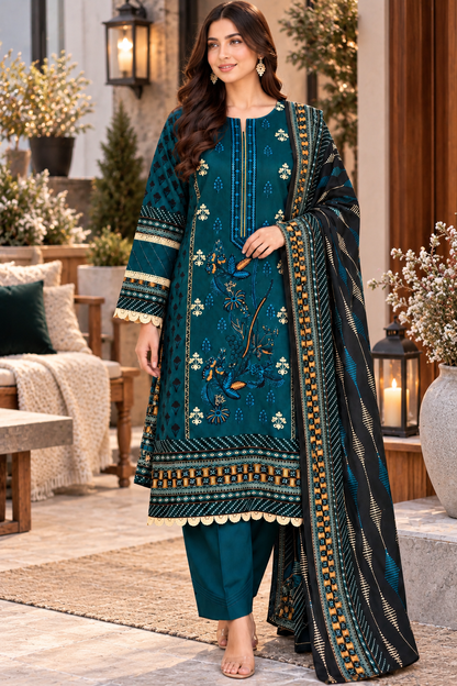 Pakistani Women’s Casual Winter Wear 3-Piece Embroidered  Suit – Dhanak, Teal Blue | 1506| Designer Rack
