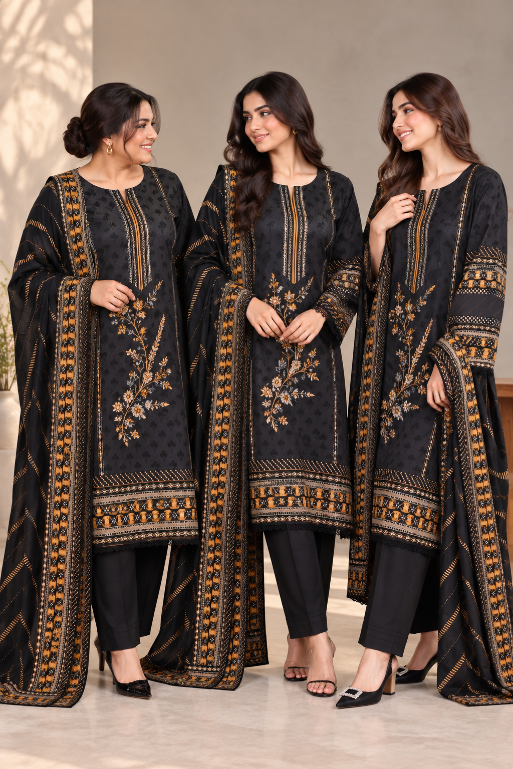 Pakistani Women’s Casual Winter Wear 3-Piece Embroidered  Suit – Dhanak, Black | 1506| Designer Rack