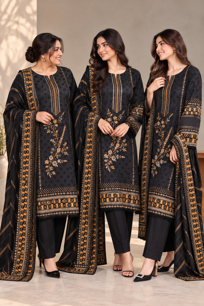 Pakistani Women’s Casual Winter Wear 3-Piece Embroidered  Suit – Dhanak, Black | 1506| Designer Rack