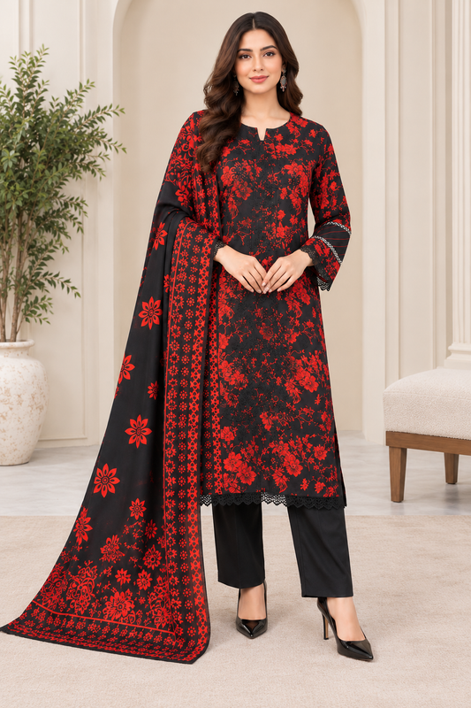 Pakistani Women's Casual Wear 3 pc Printed Embroided Black & Red Printed Suit | 1502 | Designer Rack