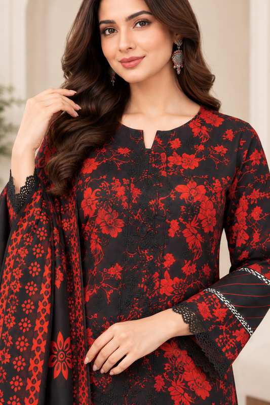 Pakistani Women's Casual Wear 3 pc Printed Embroided Black & Red Printed Suit | 1502 | Designer Rack