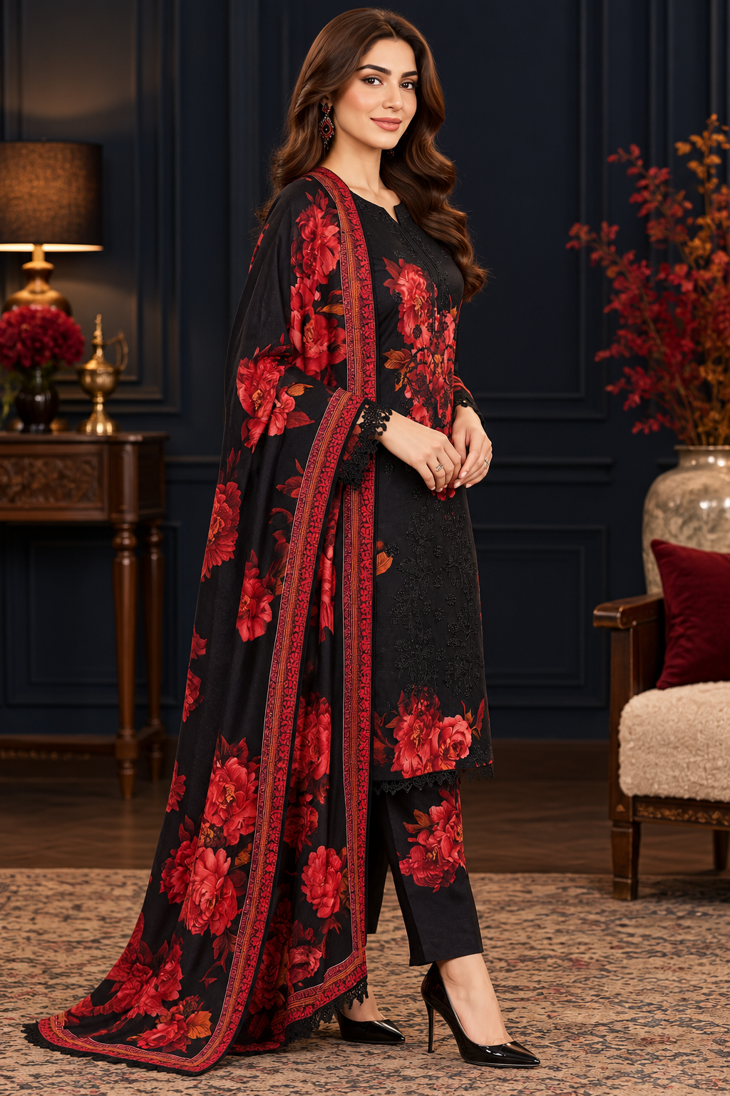 Pakistani Women's Casual Wear 3 pc Printed Embroided Black & Red Printed Suit | 1502 | Designer Rack