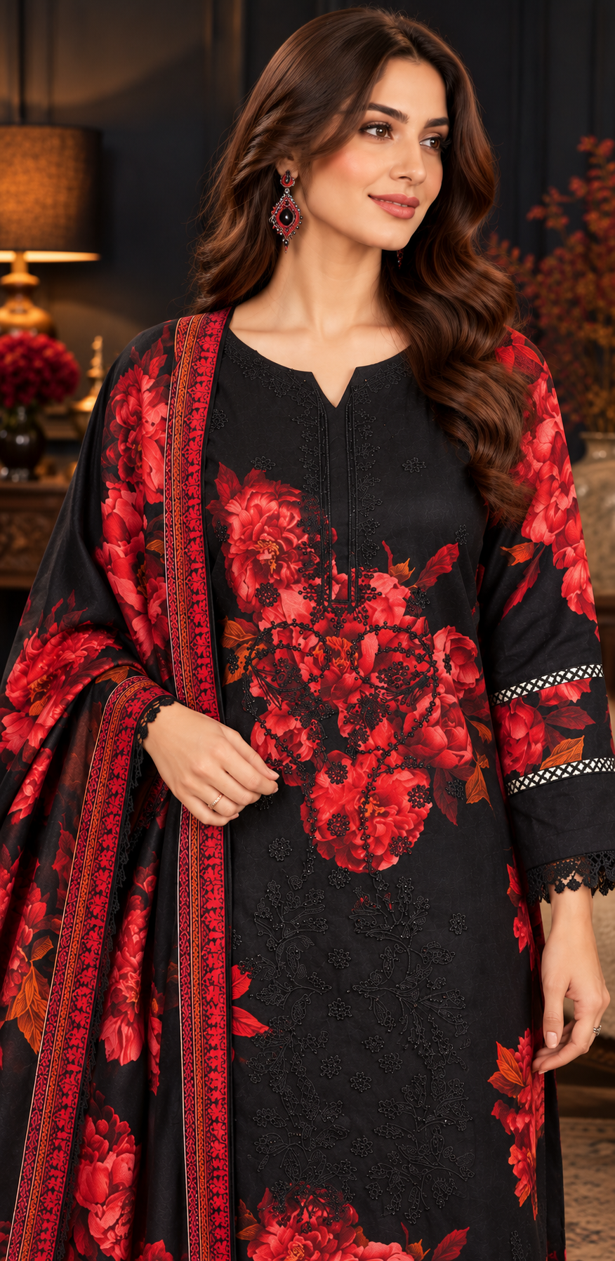 Pakistani Women's Casual Wear 3 pc Printed Embroided Black & Red Printed Suit | 1502 | Designer Rack