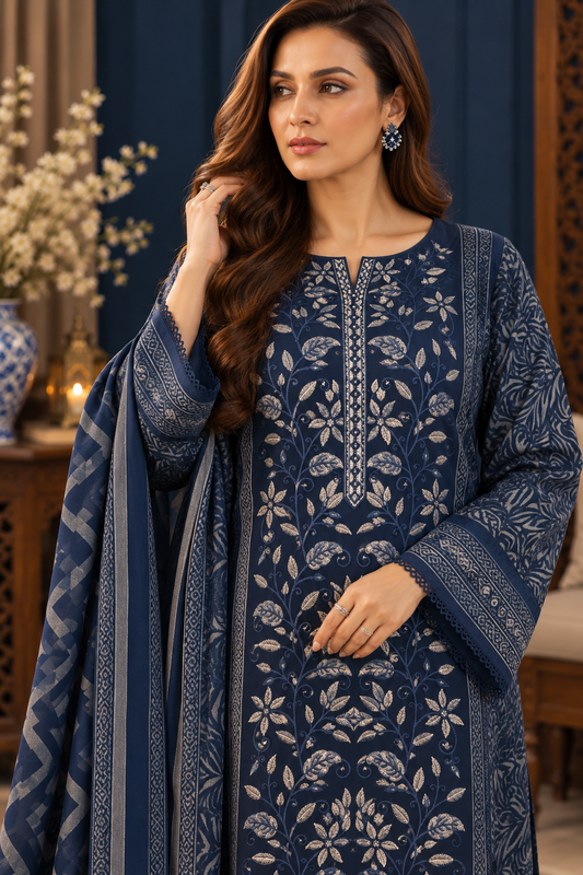 Pakistani Women’s Casual Winter Wear 3-Piece Embroidered  Suit – Dhanak, Blue | 1505 | Designer Rack