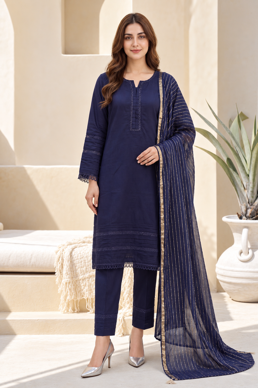 Pakistani Women's Casual Wear 3-Piece Suit - Linen, Blue | 1504 | Designer Rack