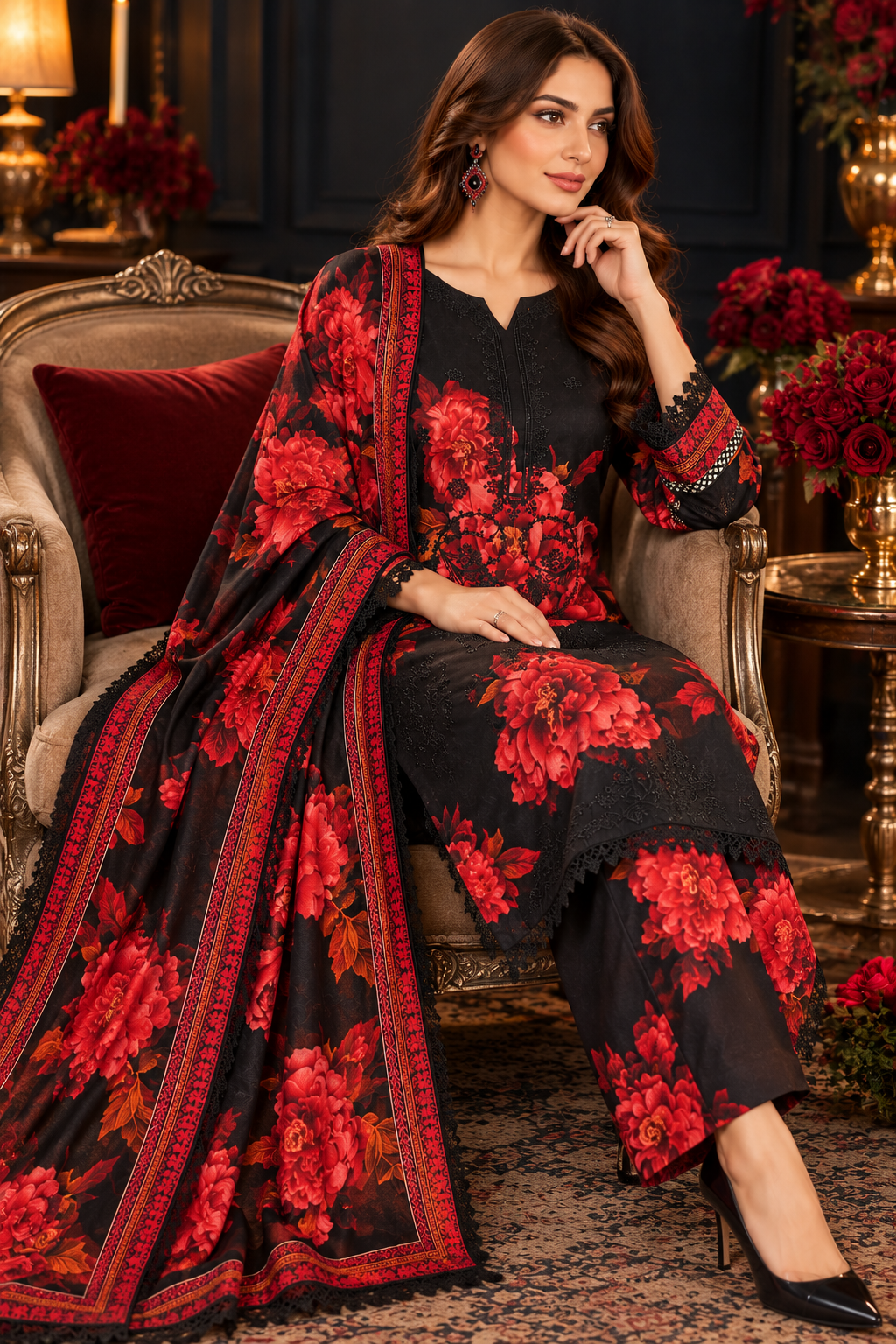 Pakistani Women's Casual Wear 3 pc Printed Embroided Black & Red Printed Suit | 1502 | Designer Rack