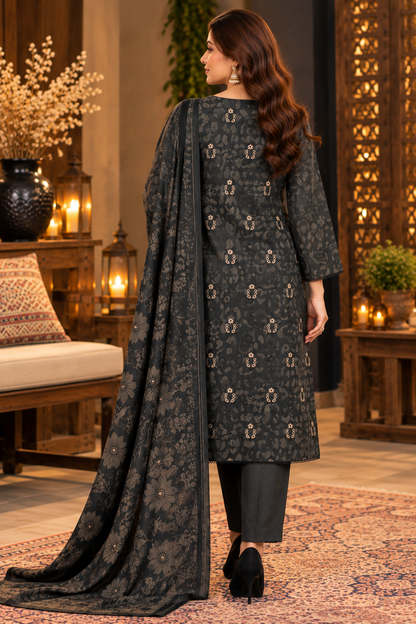 Pakistani Women’s Casual Winter Wear 3-Piece Embroidered  Suit – Dhanak, Gray | 1505 | Designer Rack