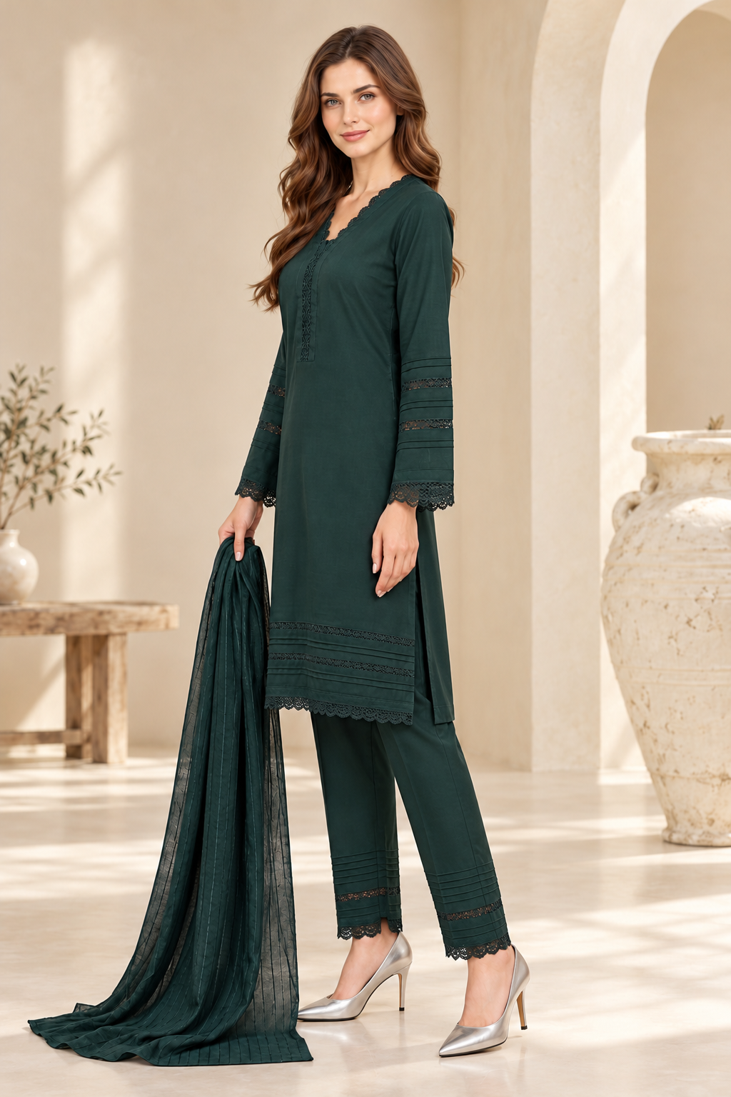 Pakistani Women's Casual Wear 3-Piece Suit - Linen, Green | 1504 | Designer Rack