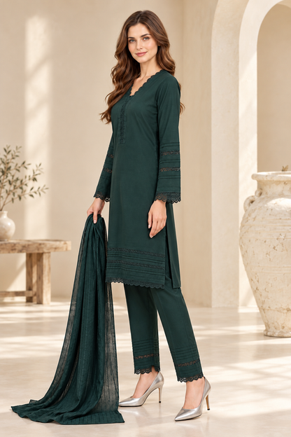 Pakistani Women's Casual Wear 3-Piece Suit - Linen, Green | 1504 | Designer Rack