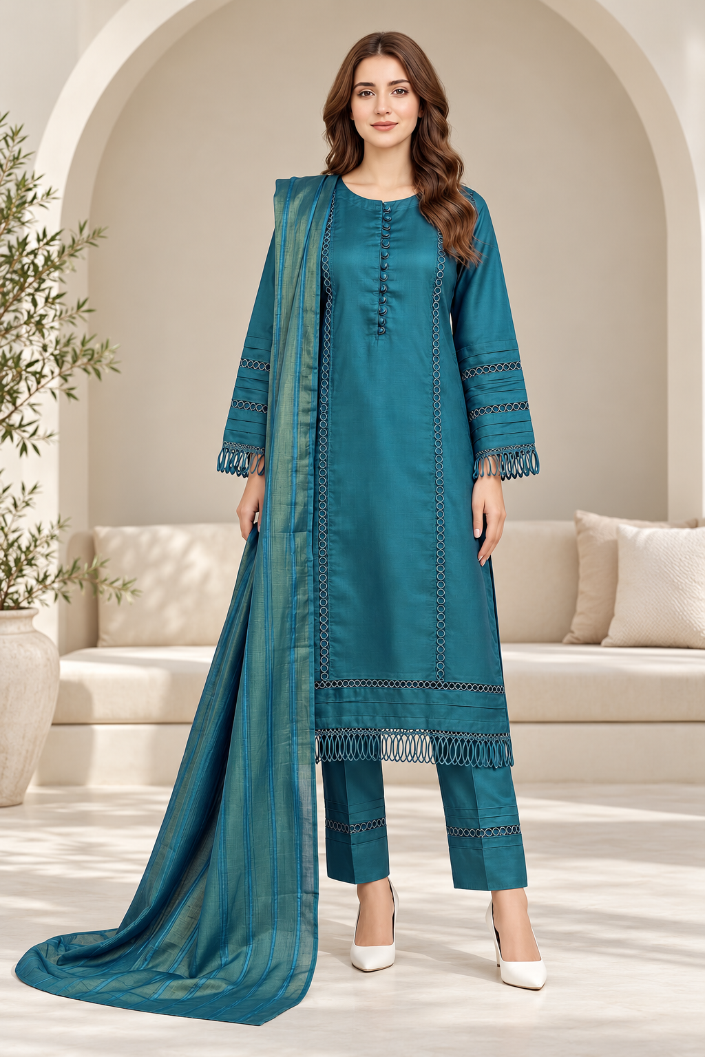 Pakistani Women's Casual Wear 3-Piece Suit - Linen, Teal | 1504 | Designer Rack