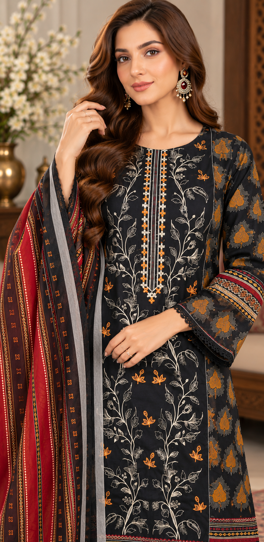 Pakistani Women’s Casual Winter Wear 3-Piece Embroidered Suit – Dhanak, Black | 1505 | Designer Rack