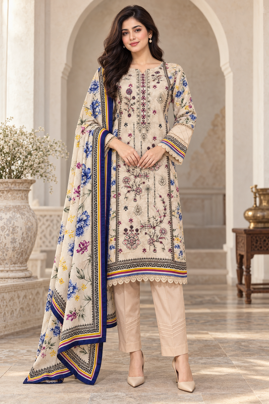 Pakistani Women's Casual Wear 3 pc Printed Embroided Cream Suit | 1502 | Designer Rack