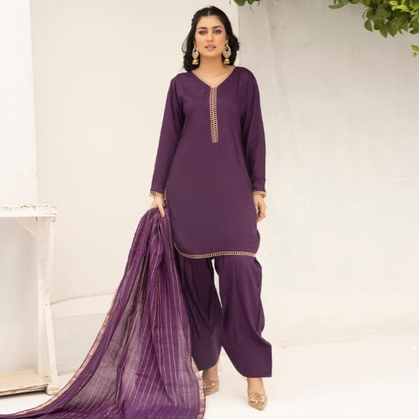 Farshi Shalwar Readymade Linen Purple 1467
