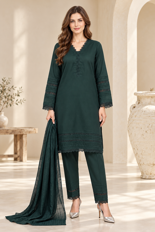 Pakistani Women's Casual Wear 3-Piece Suit - Linen, Green | 1504 | Designer Rack